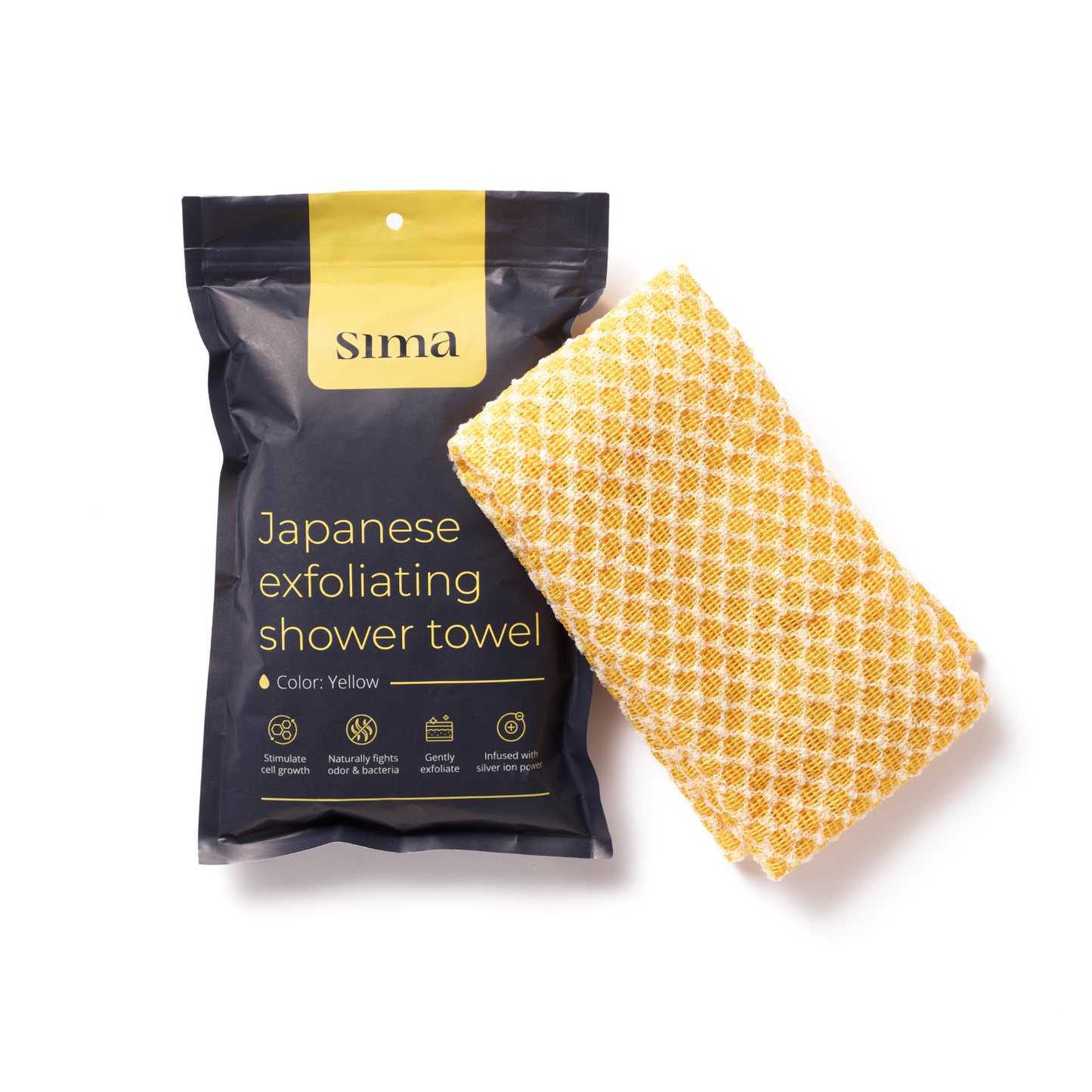 Yellow exfoliating shower towel