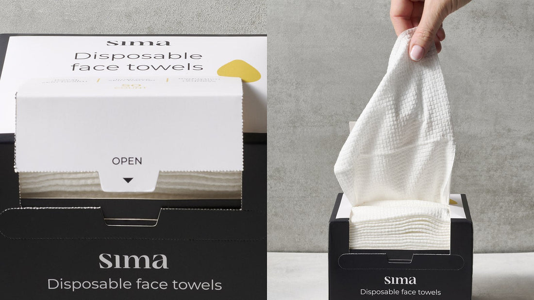 A Sima disposable face towels box with a white lid next to a hand pulling a fresh towel from the same box