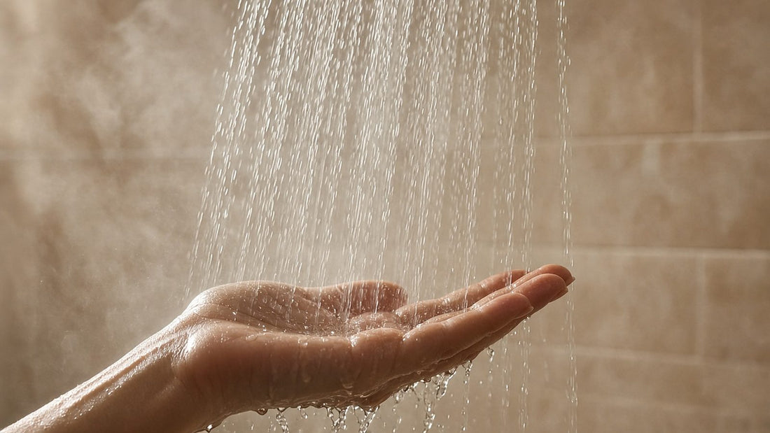 Hand under a gentle stream of shower water in a calm, warm-toned bathroom