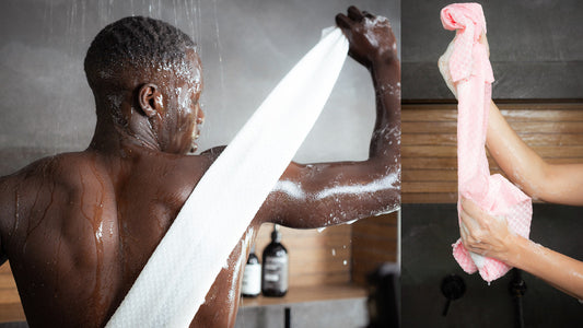 Man scrubbing his back with a long white Sima Japanese exfoliating towel in the shower, next to hands stretching a lathered pink Sima towel