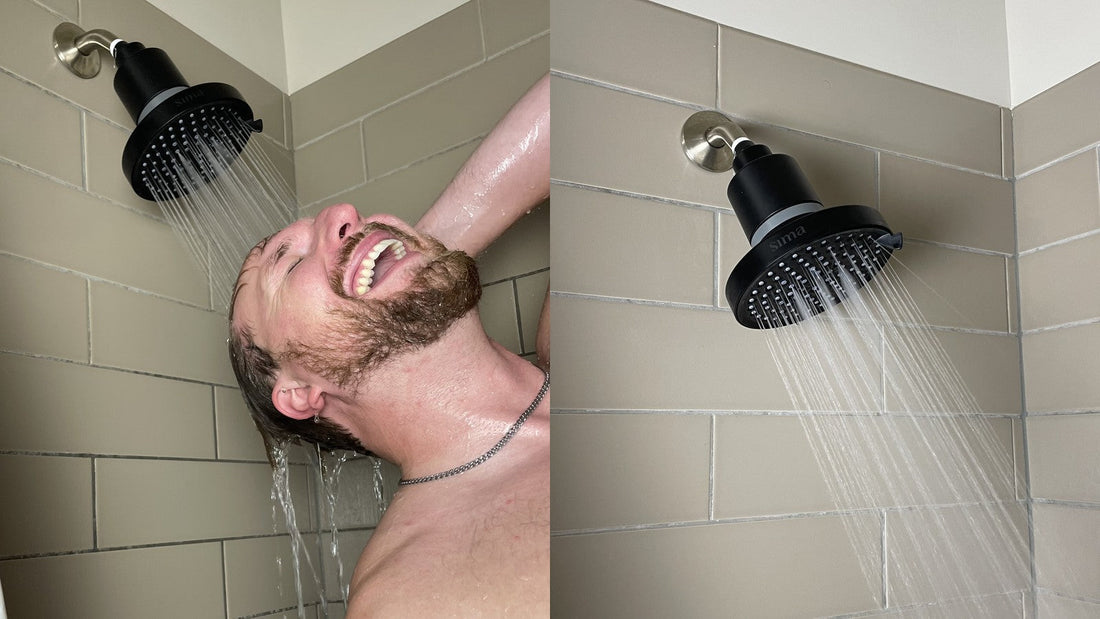 Man smiling under a black Sima shower head next to a close-up of the same shower head spraying in a tiled shower