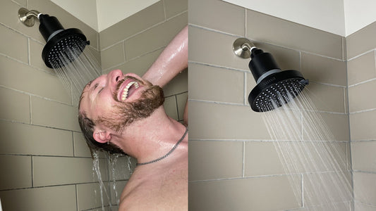 Man smiling under a black Sima shower head next to a close-up of the same shower head spraying in a tiled shower