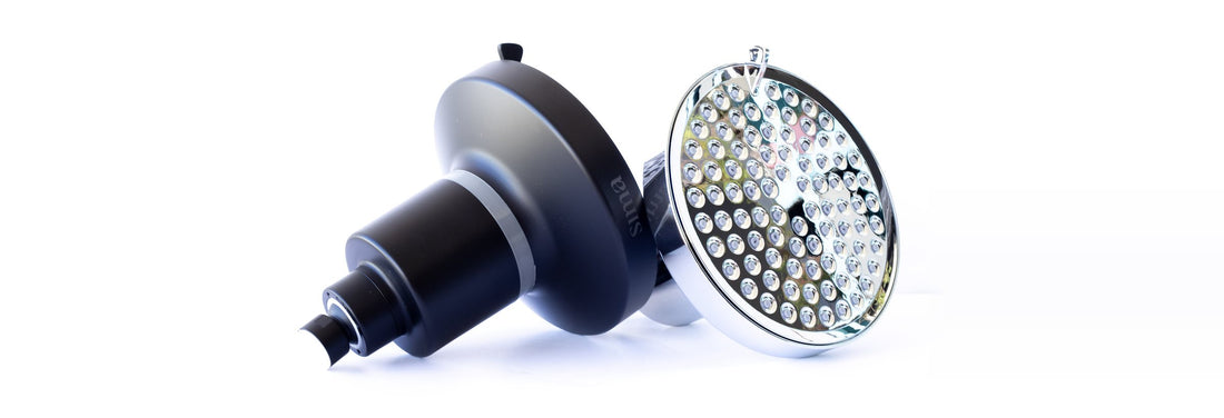 Sima filtered shower heads in matte black and chrome